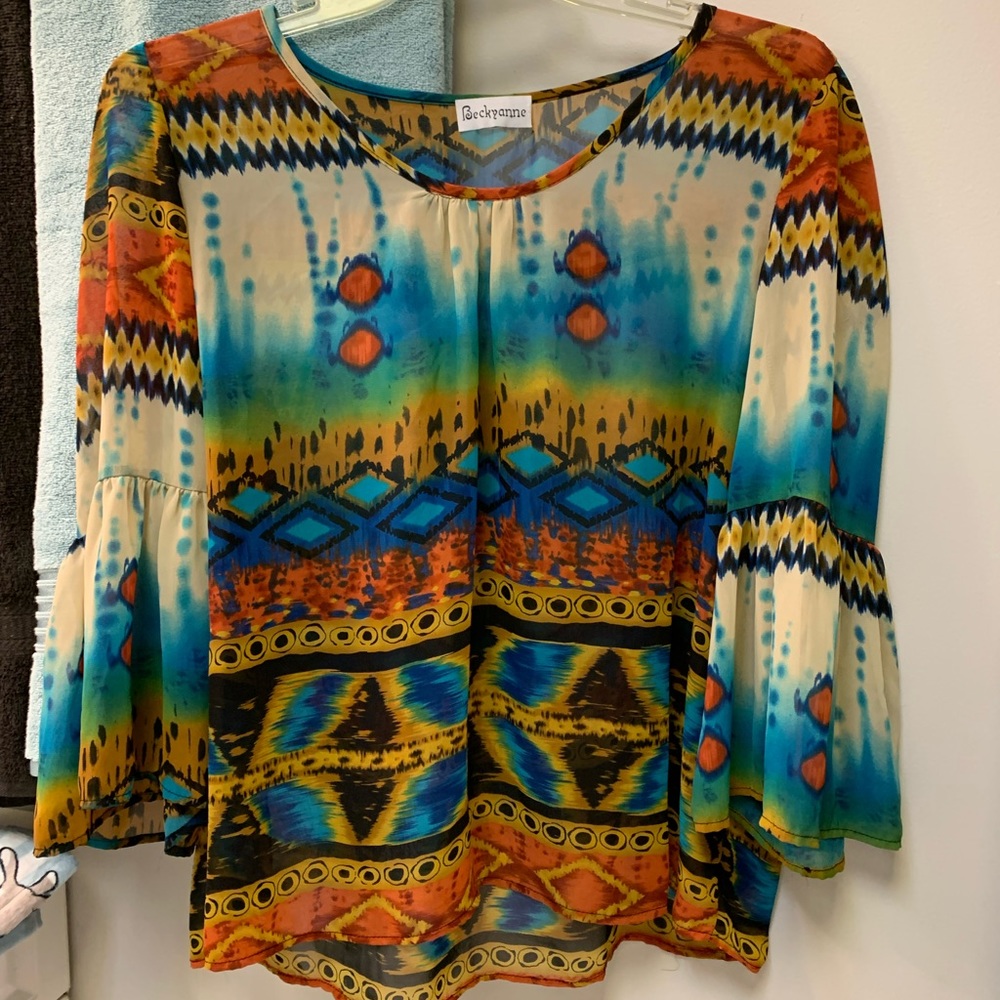 Beckyanne Peasant Blouse Top Tribal Multi-Color Semi-Sheer Chiffon Size 1X - EUC